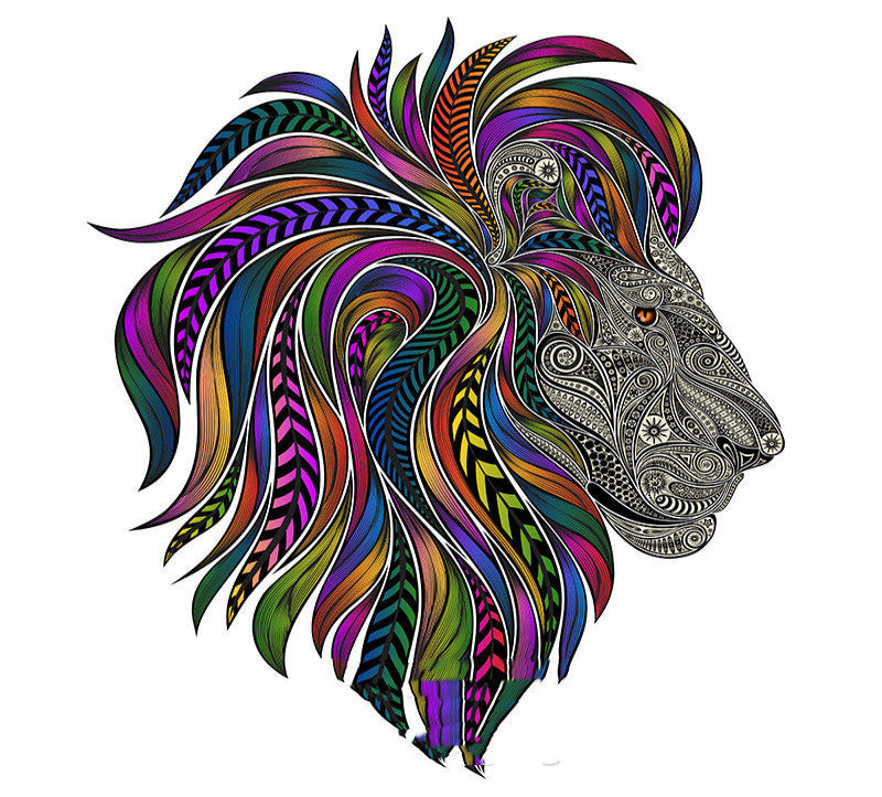 Colorful lion head with intricate patterns on a white background