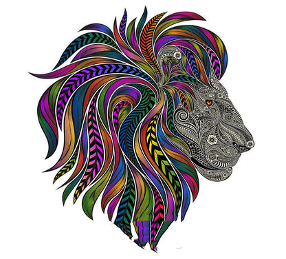 Colorful lion head with intricate patterns on a white background