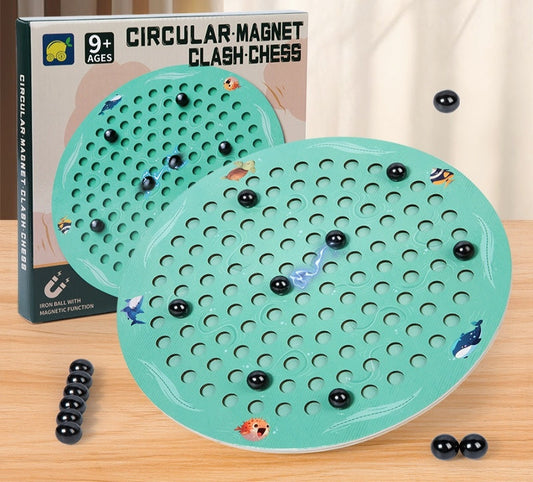 Circular magnet clash chess game with pieces on a wooden surface