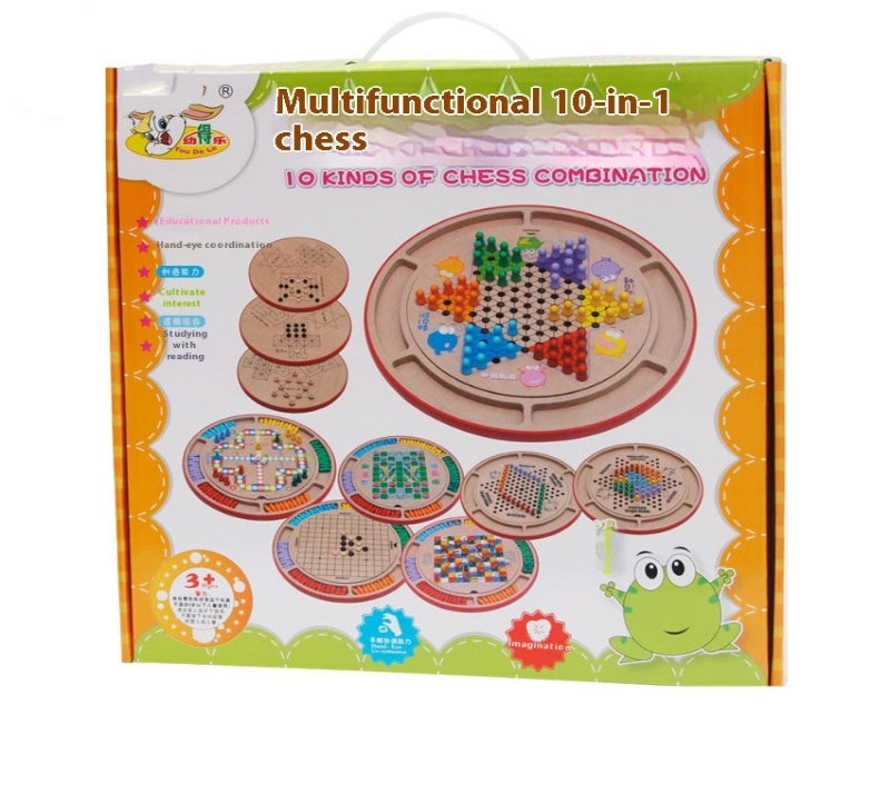 Multifunctional 10-in-1 chess set packaging with various chess board designs on a white background.