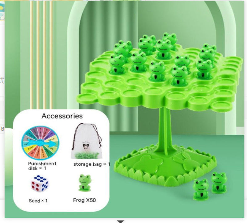 Green frog game with accessories on a green background