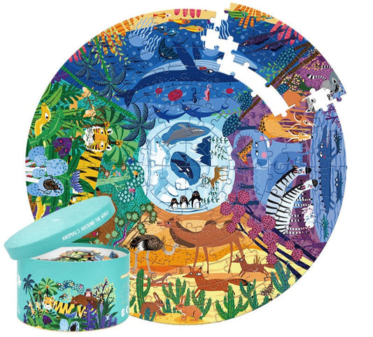 Round puzzle with animal illustrations and a matching storage tin on a white background