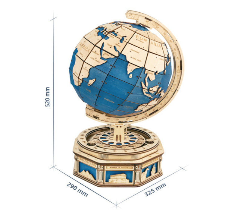 Globe with dimensions labeled on a white background