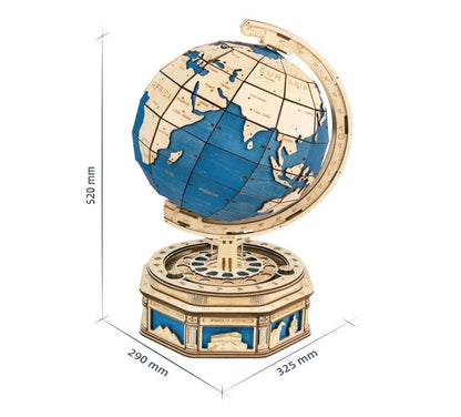 Globe with dimensions labeled on a white background