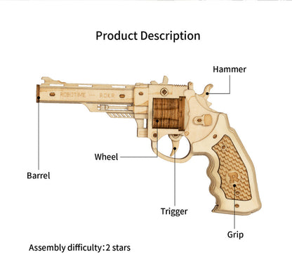 Wooden revolver model with labeled parts on a white background