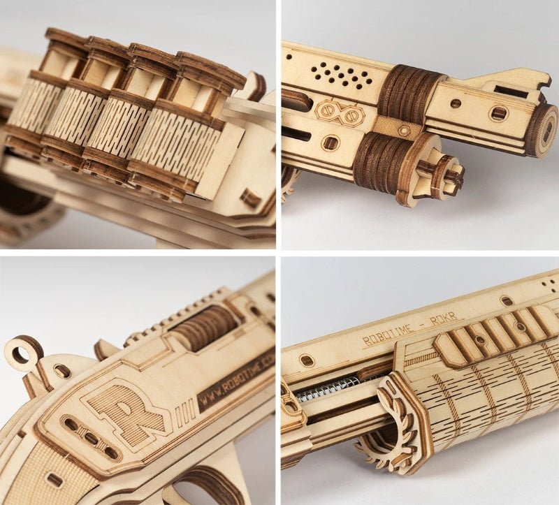 Close-up details of a wooden gun model on a light gray background