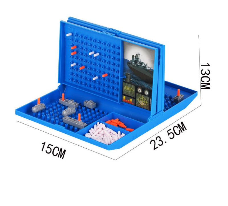 Blue pegboard with building blocks and components, showing measurements on a white background