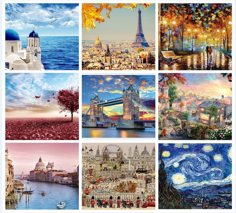Collage of various scenic and artistic images including a coastal scene, cityscape, street scene, cherry blossom tree, bridge, and famous artworks.