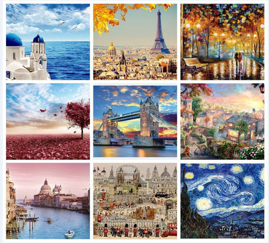 Collage of various scenic and artistic images including a coastal scene, cityscape, street scene, cherry blossom tree, bridge, and famous artworks.