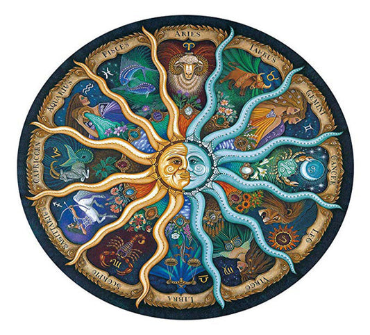 Decorative circular artwork with zodiac signs and celestial elements.