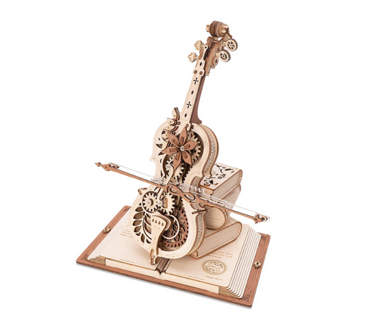A 3D mechanical model of a cello with intricate engravings, positioned on top of stacked books with a vintage aesthetic.