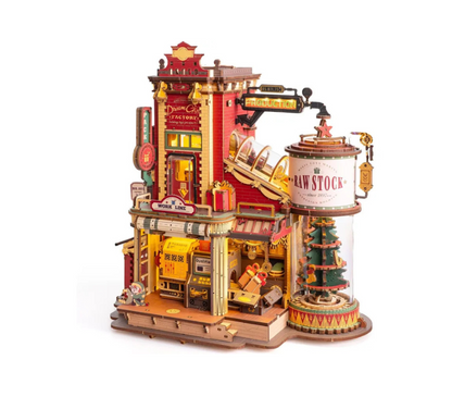 Detailed model of a vintage-style building with mechanical elements on a white background
