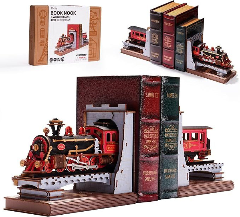 Book-shaped train bookends with a miniature train on top, displayed with packaging.
