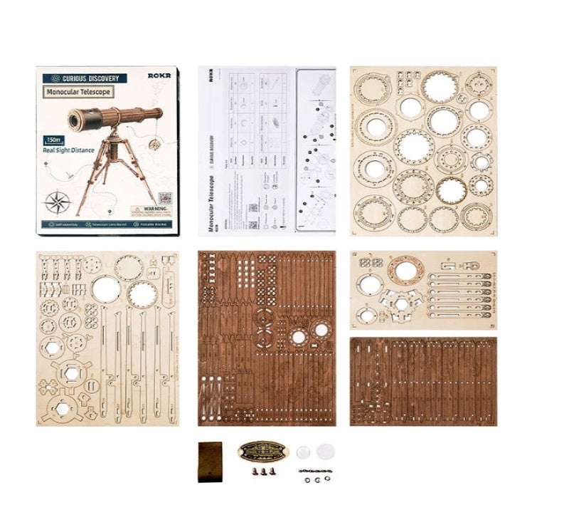 Wooden model kit components including a telescope model, templates, and parts on a white background.