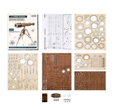 Wooden model kit components including a telescope model, templates, and parts on a white background.