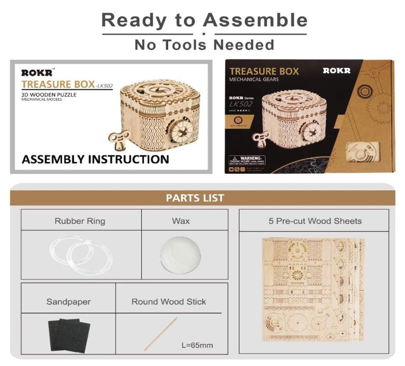 ROKR treasure box 3D wooden puzzle kit with packaging, assembly instructions, and parts list.