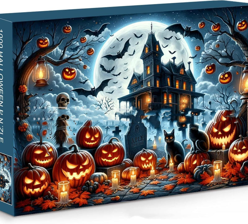 Halloween-themed puzzle box with pumpkins, bats, and a haunted house.