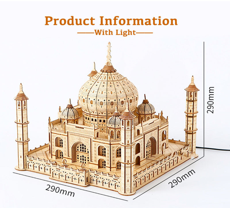 Wooden model of the Taj Mahal with light feature, shown with dimensions on a white background.