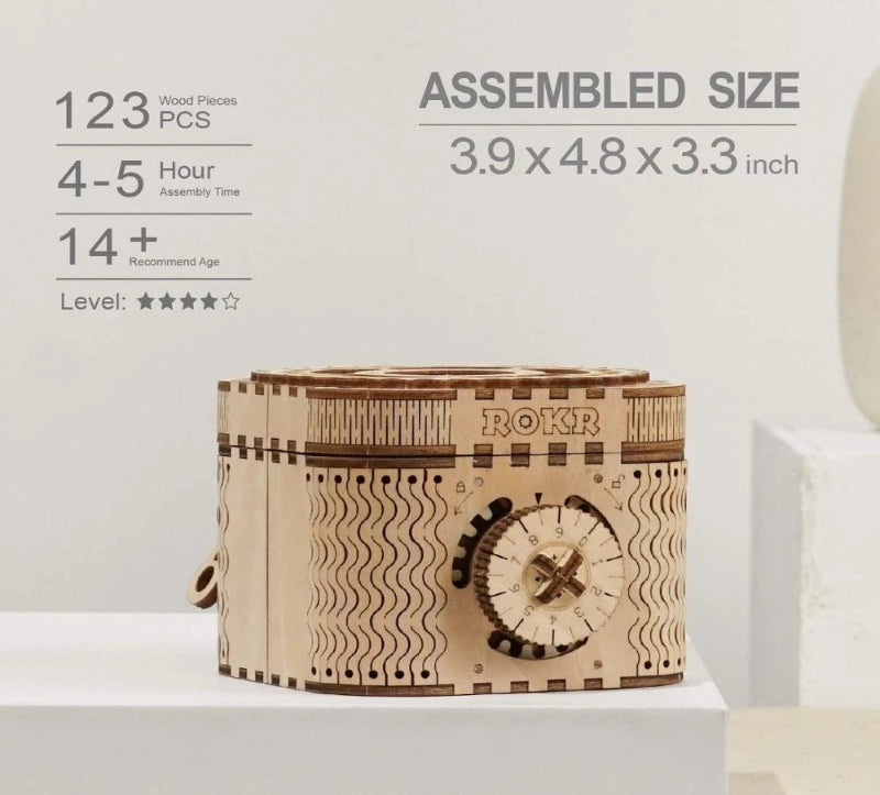Wooden puzzle box with clock design on a white background, featuring assembly details.