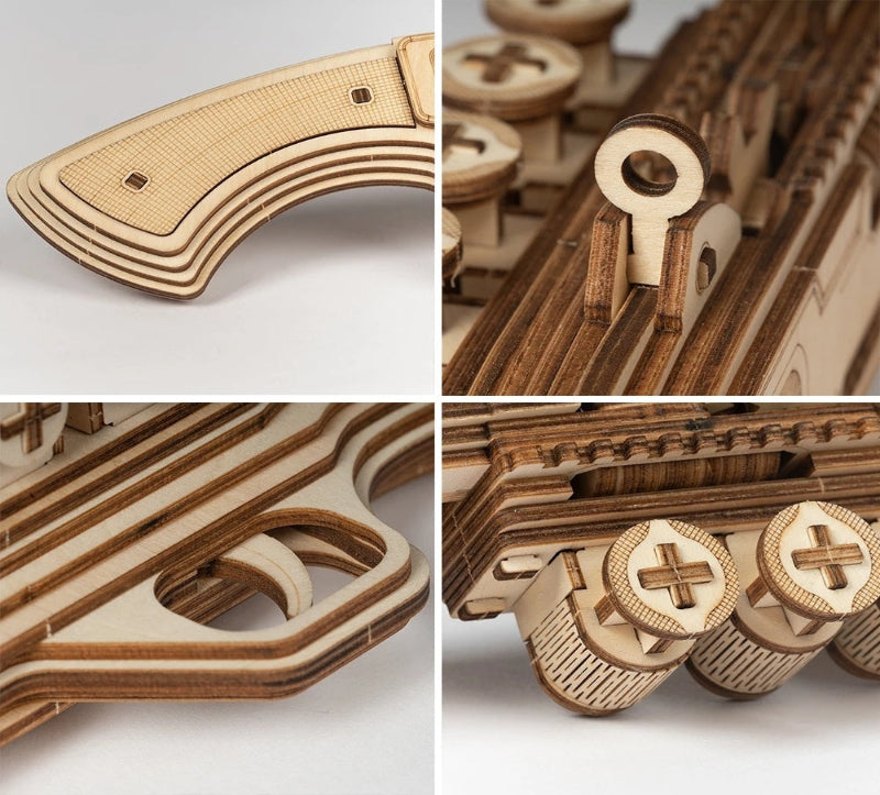 Collage of wooden mechanical components and parts on a white background
