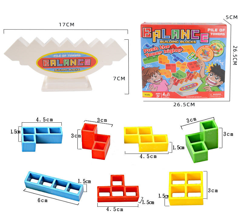 Colorful building blocks with packaging and measurements on a white background