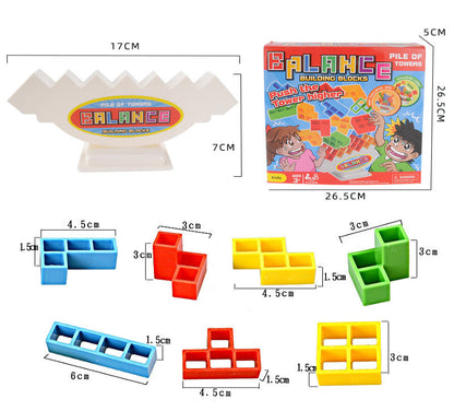 Colorful building blocks with packaging and measurements on a white background