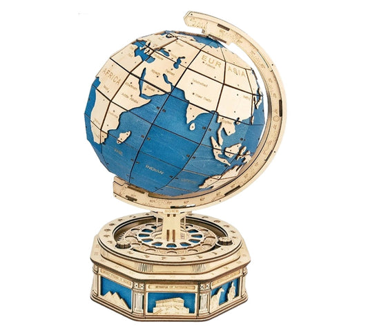 Wooden globe model with detailed design on a white background, featuring the brand 'Robotime'.