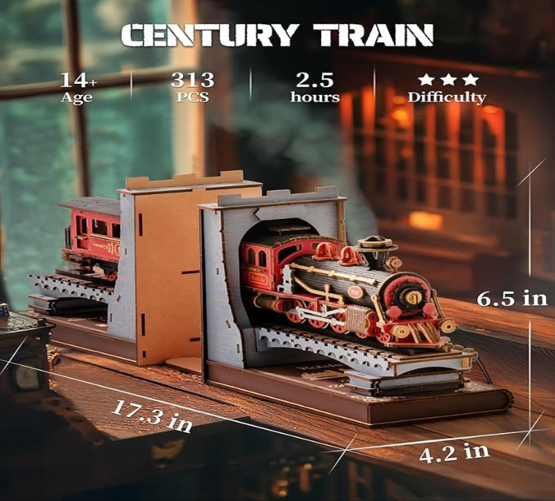 Model train set with specifications on a wooden surface