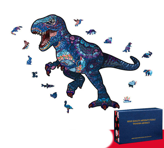Colorful dinosaur puzzle with pieces scattered around on a white background