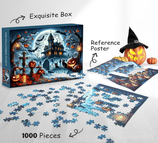 Halloween-themed puzzle set with box, pieces, and reference poster on a white background